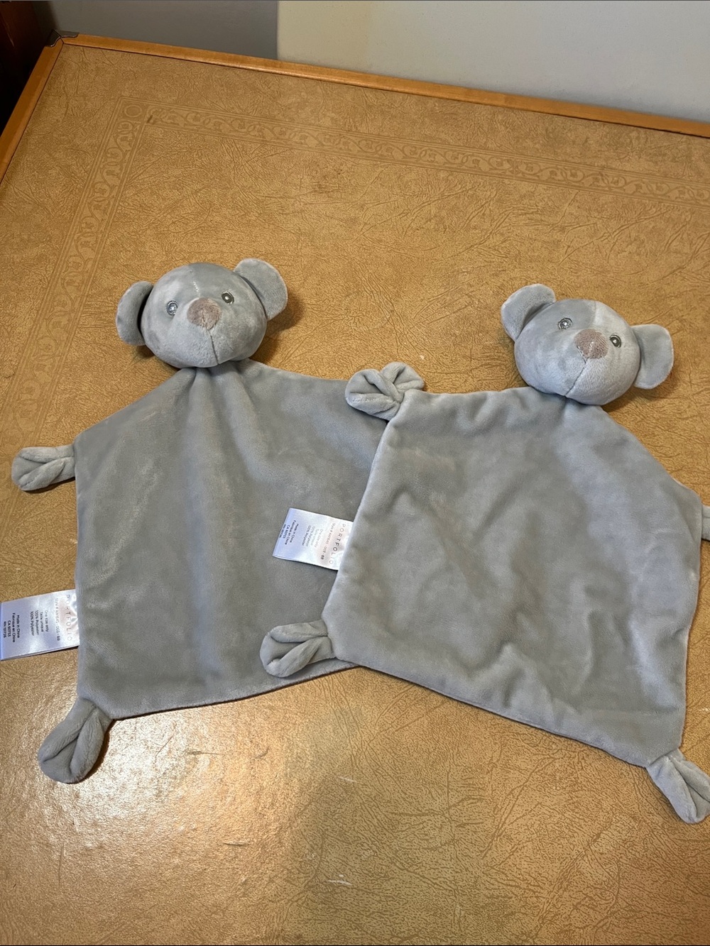 2 identical Plush Grey Bear Security Blankets / Loveys for Kids